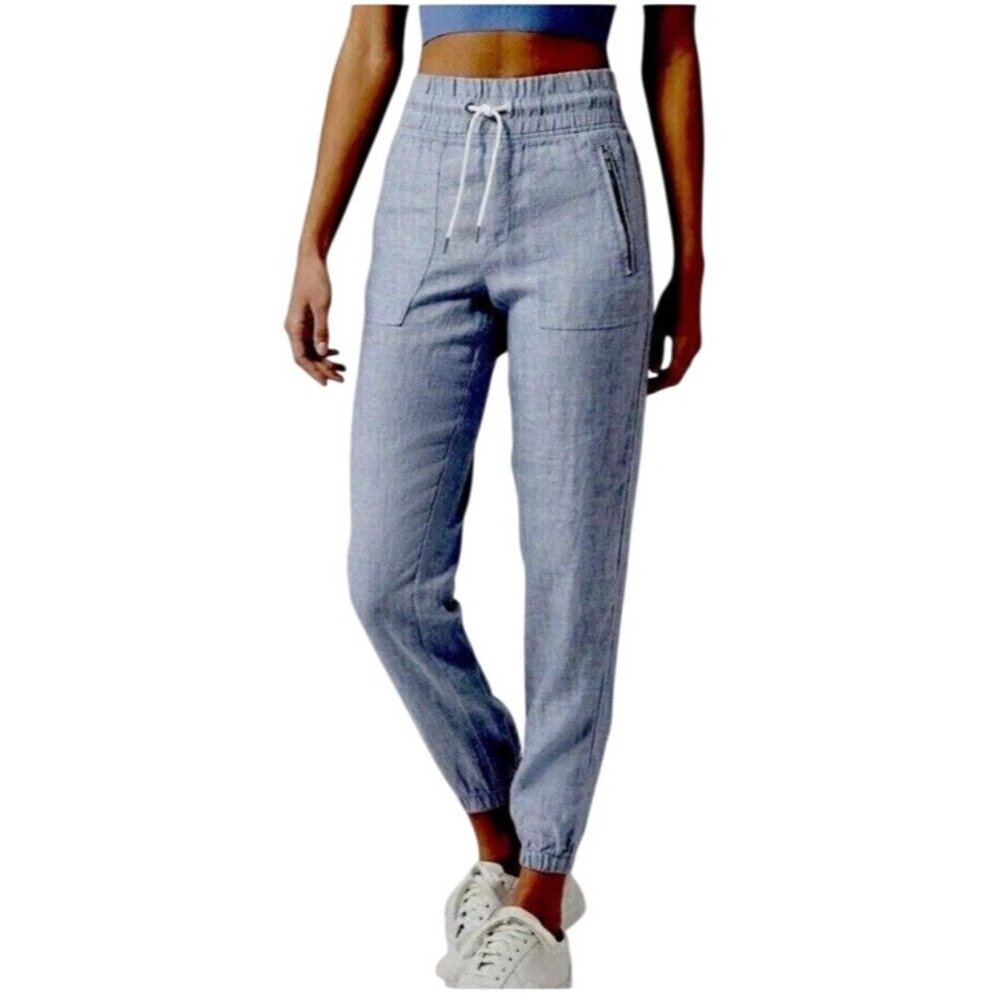 Athleta Cabo Jogger-Chambray Blue Women’s Size 8 Zip Pockets 100% Linen 26” Ins - Picture 11 of 16